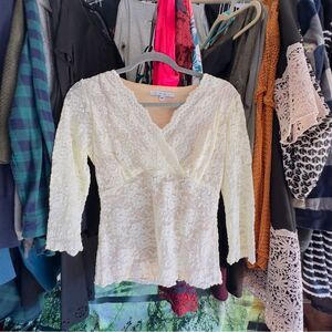 1084 CAbi White V-Neck Floral Lace Blouse medium